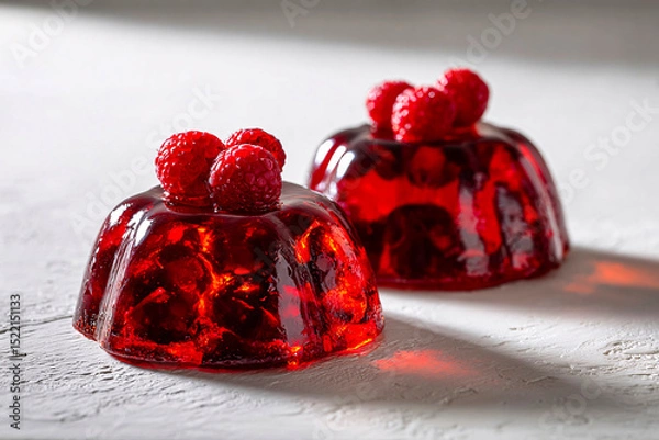 Fototapeta Jello tempts in a rustic corner, white backdrop, studio glow, clean food photography style