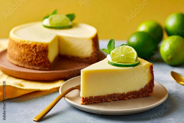 Fototapeta In soft daylight, key lime pie sits in an industrial corner on pastel yellow, clean photo style