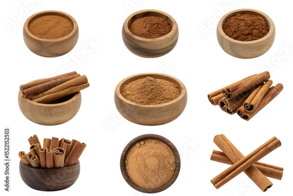 Fototapeta Cinnamon sticks and ground cinnamon in wooden bowls for cooking baking and spice use aromatic and flavor 100g
