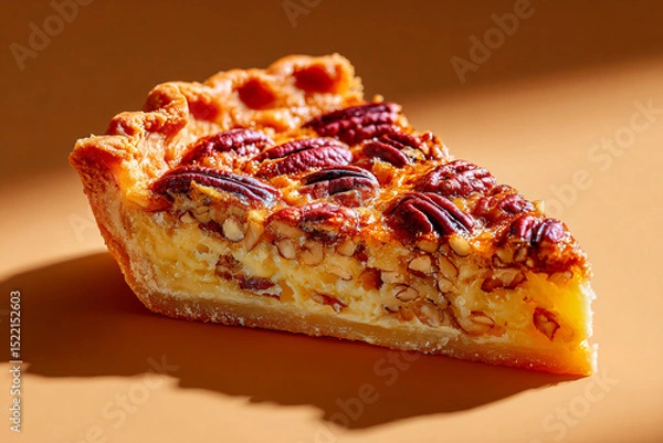 Fototapeta In golden hour light, minimalist pecan pie on cream background, clean food photography style