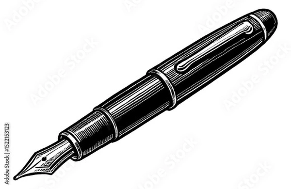 Fototapeta Illustration of fountain pen with detailed black and white outline line art drawing