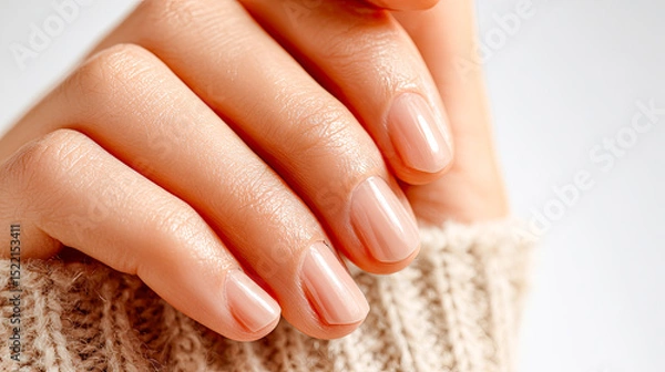 Obraz Gepflegte Hände und natürliche Maniküre im Detail – ästhetische Nahaufnahmen mit sanftem Licht, zarten Farben und stilvoller Nagelpflege für Kosmetik, Wellness und Handmodel-Kontexte.
