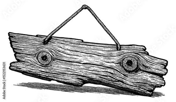 Fototapeta Detailed Engraving of a Hanging Wooden Sign with Rope in Black and White
