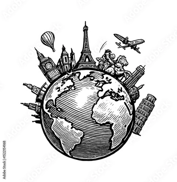 Obraz World Travel Destinations on Globe with Eiffel Tower Big Ben and Leaning Tower Engraved