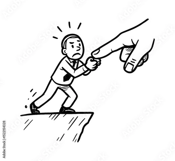 Obraz Man on the Edge Being Pulled Back by Helping Hand in Black and White Cartoon Style