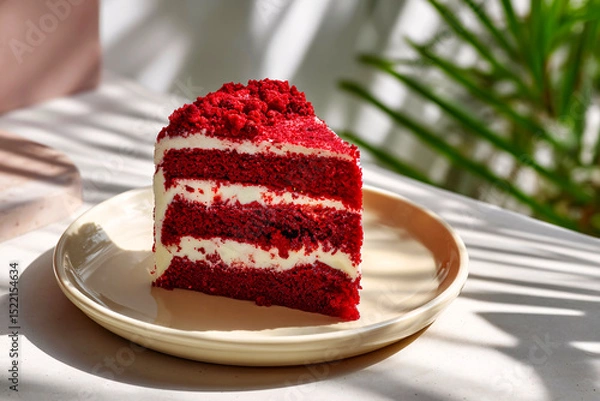 Fototapeta Red velvet cake tempts in a sunny corner, white backdrop, studio glow, clean photo style