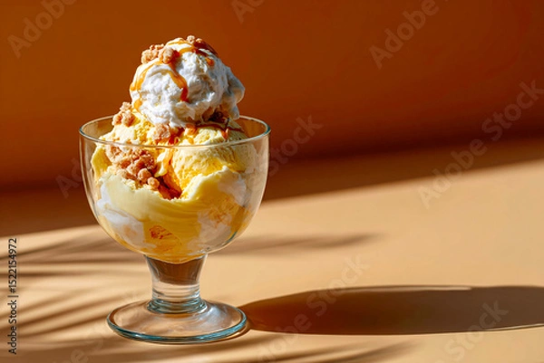 Fototapeta In golden hour light, industrial ice cream sundae on cream background, clean food photography style