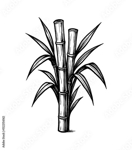 Fototapeta Black and white illustration of sugarcane plant with leaves and stalk vector drawing