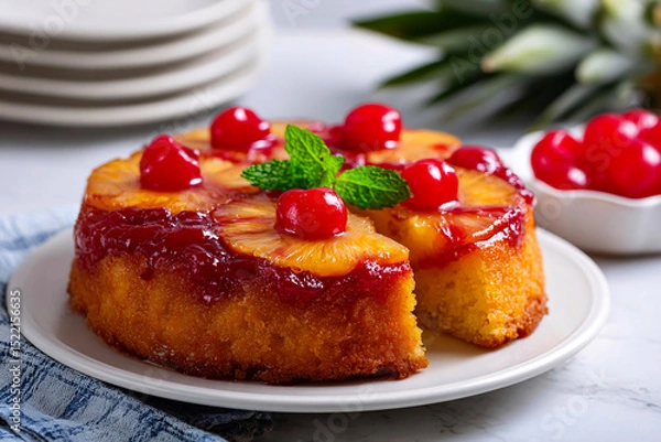 Fototapeta In studio glow, cozy pineapple upside-down cake on white background, clean food photography style