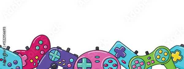 Fototapeta Vector game controller gamepad seamless border. Multicolored joysticks elements flat style isolated on white background
