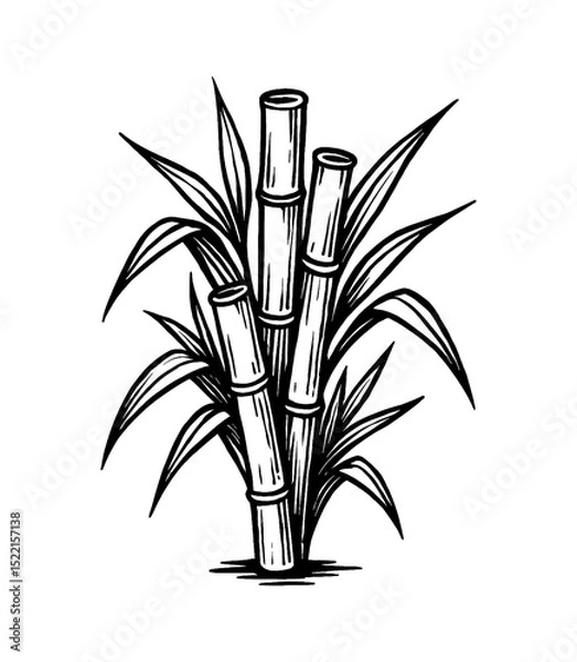 Fototapeta Illustration of Sugar Cane Plant with Leaves in Black and White Outline Art