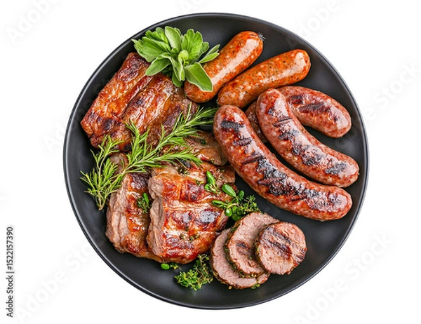 Fototapeta Grilled meat platter with sausages and herbs isolated on transparent PNG