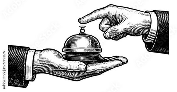 Fototapeta Hand About to Ring Service Bell in Detailed Black and White Engraving Line Art Drawing