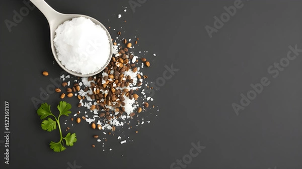Obraz Salt, pepper and parsley on black background. Top view with copy space