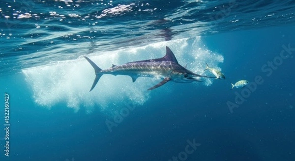 Obraz Underwater view of marlin hunting smaller fish in vibrant ocean depths