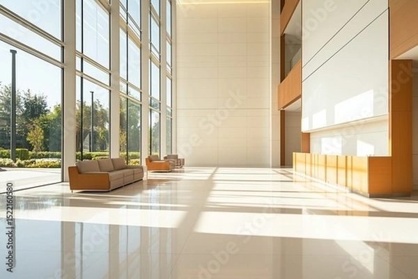Fototapeta Modern Office Building Lobby Interior with Large Glass Windows, Minimalist Furniture, and Sunlight Casting Long Shadows on Polished Floor.