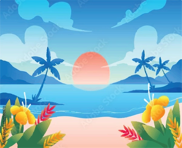 Obraz Simple Summer Illustration Background – Free Vector Pack - Gradient Summer Background with Palm Silhouette – Free Use - Free Vector of Summer Pool Party Background with Floaties