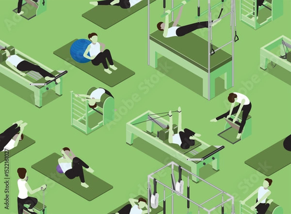 Fototapeta Pilates Poses Machine Isometric Poses Green Seamless Pattern Background Wallpaper