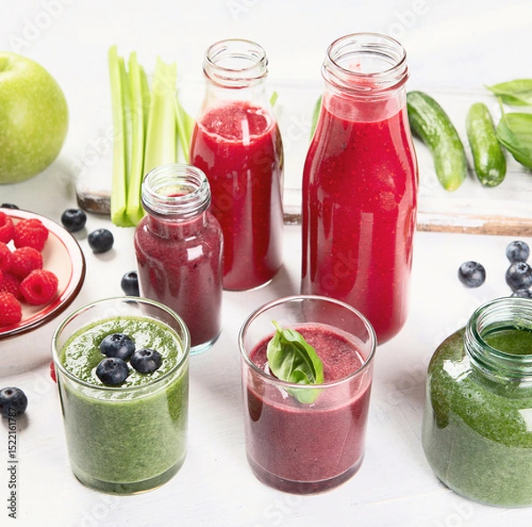 Obraz Fresh fruit and vegetables smoothies. Healthy eating.