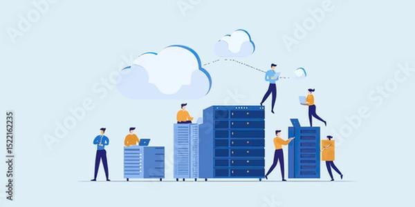 Obraz Business people interacting with data servers and cloud computing symbols, teamwork in technology infrastructure concept in flat minimalist vector style