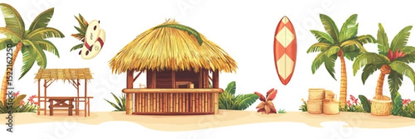 Obraz Tropical beach tiki bar bamboo hut with straw roof surrounded by palm trees surfboards and tropical plants in summer island setting vector