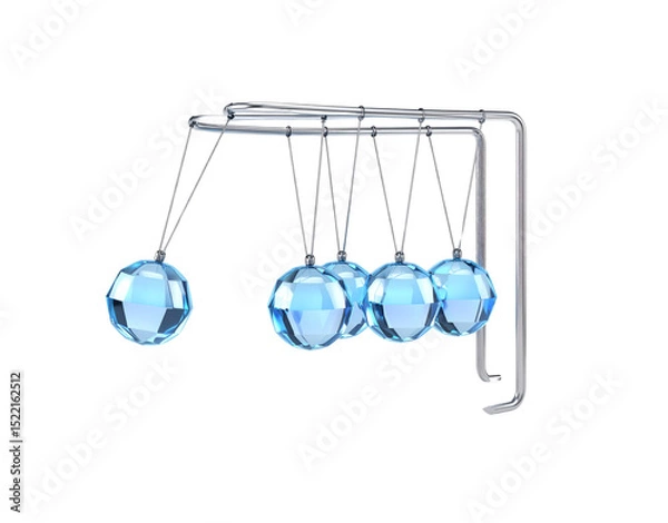 Fototapeta Newtons Cradle with Faceted Blue Spheres and Chrome Frame One Ball Displaced