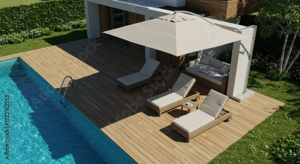 Obraz Stylish villa terrace with loungers beside refreshing pool offering sunny relaxation