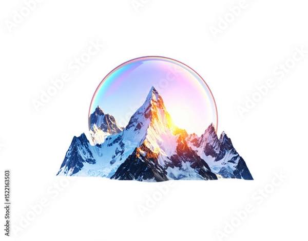 Fototapeta SnowCapped Mountain Peaks Bathed in Golden Sunlight Encased in a RainbowHued Bubble