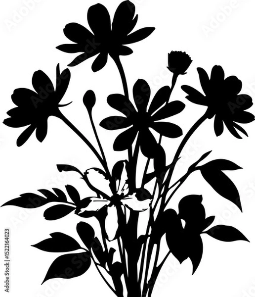 Fototapeta Wildflower bouquet silhouette, featuring daisy-like blooms, perfect for rustic designs, nature-inspired decor, and artistic projects seeking a charming, organic touch.