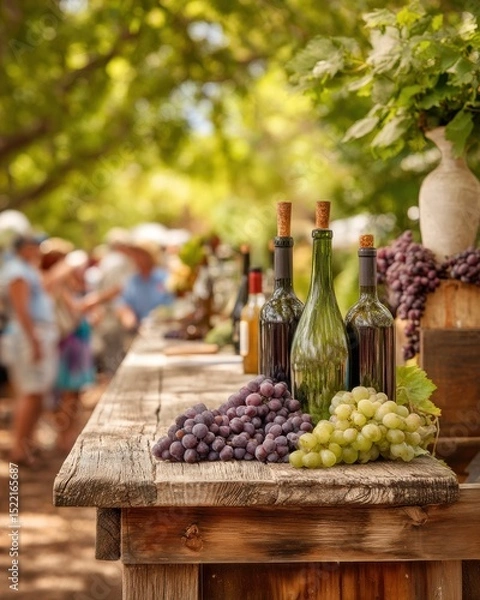 Fototapeta Rustic Wine Tasting Booth with Grape Clusters on Wooden Counter at Outdoor Festival Artisanal Beverage Display and Community Celebration