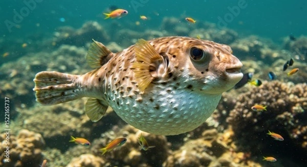 Obraz Spotted Pufferfish Floating in the Ocean Among Coral and Small Fish Habitat
