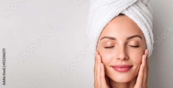 Fototapeta Close-up of a woman with a towel on her head touching her clean face, with copy space