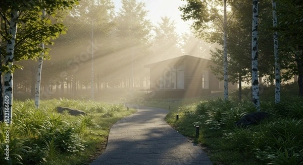 Obraz Idyllic woodland retreat showcasing modern architecture enveloped in morning mist
