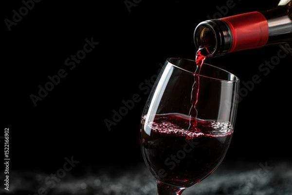 Fototapeta Red wine pouring from an unbranded bottle into a glass on a dark background