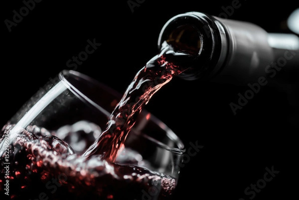 Fototapeta Red wine pouring from an unbranded bottle into a glass on a dark background