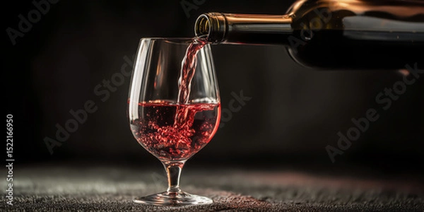 Fototapeta Red wine pouring from an unbranded bottle into a glass on a dark background
