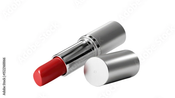 Obraz Lipstick in Silver Case: A close-up studio shot of a vibrant red lipstick with a silver tube, projecting elegance and a sense of luxury