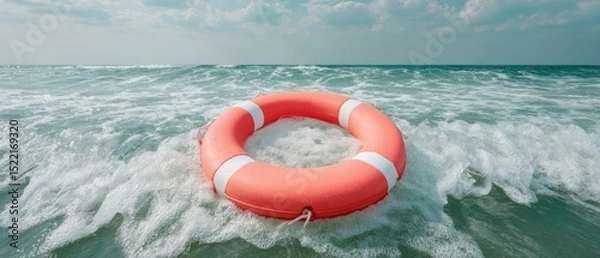 Fototapeta Vibrant life ring floating in choppy ocean waves under cloudy sky symbolizing maritime safety and emergency rescue in turbulent water conditions