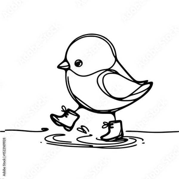Obraz Bird walking in rain boots on puddle; concept of single line outline vector  