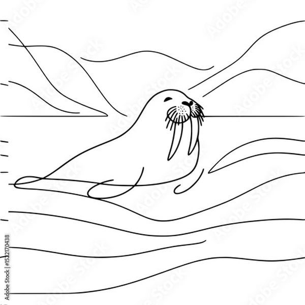 Obraz Walrus swimming in ocean waves with mountains in background - Concept of single line outline vector  