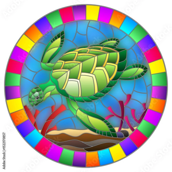 Obraz Illustration in stained glass style with sea turtle on the seabed background with algae, fish and stones, oval image in bright frame