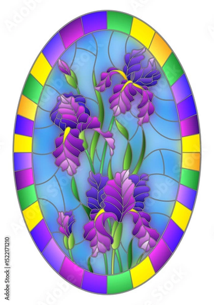 Obraz Illustration in stained glass style flower of purple irises on a blue background in a bright frame,oval  image