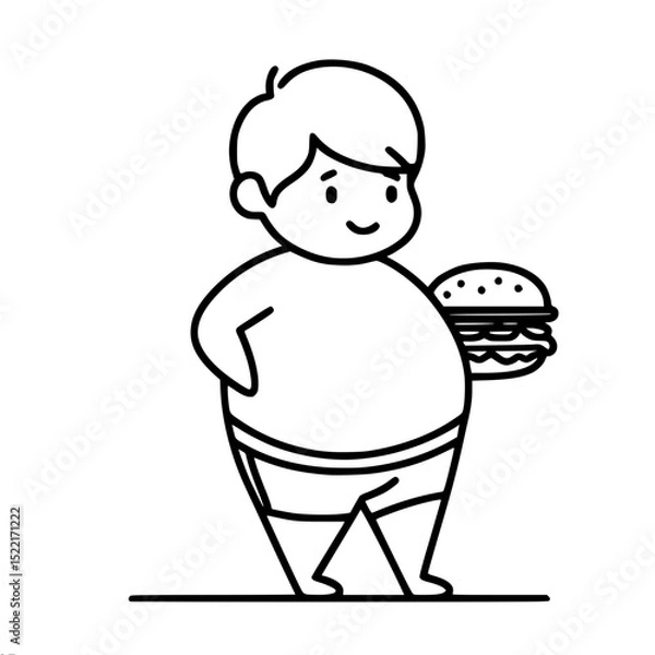 Obraz Young boy holding a burger while smiling in a simple line drawing  