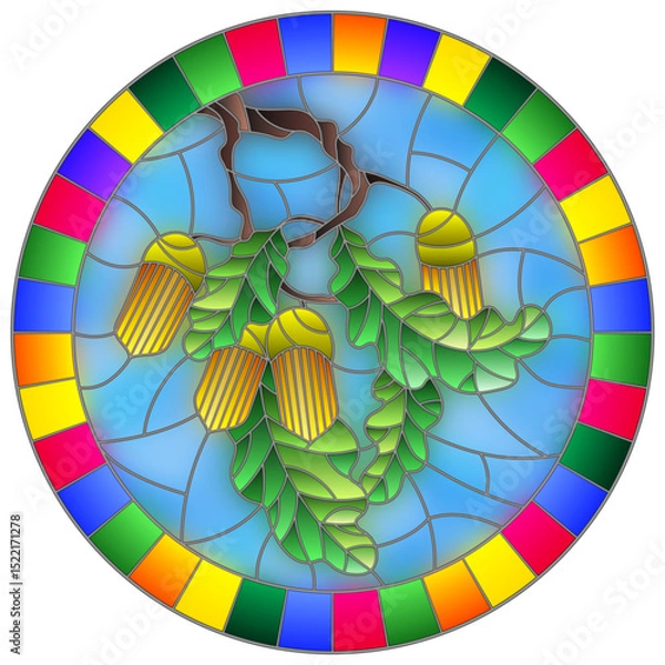Obraz Illustration in stained glass style with the branch of an oak tree, acorns and leaves on the background of blue sky in a bright frame, round picture