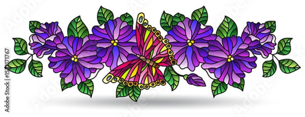 Obraz Stained glass illustration with floral arrangement and butterflies, isolated on a white background