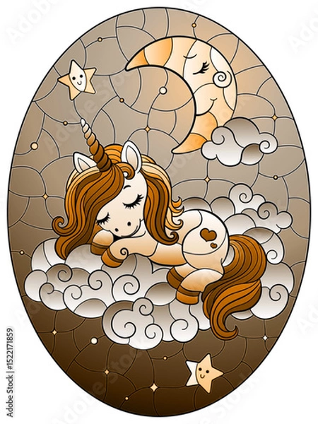 Obraz A stained glass illustration with a cute cartoon unicorn sleeping on a cloud and a moon on a starry sky background, oval image, tone brown