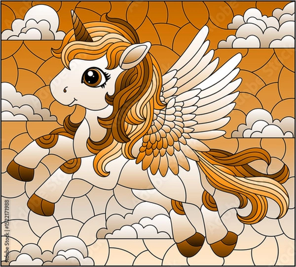 Obraz A stained glass illustration with a cute cartoon unicorn on a cloudy sky background, tone brown