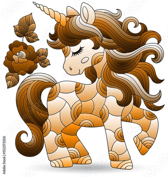 Obraz Stained glass illustrations with cute cartoon unicorn, animal isolated on a white background, tone brown