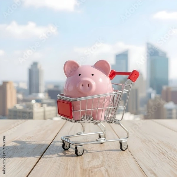 Fototapeta small piggy bank inside a shopping cart, symbolizing personal savings decisions.