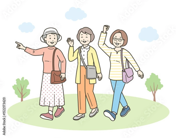 Obraz 仲の良い高齢女性グループが旅行先で楽しんでいる全身イラスト